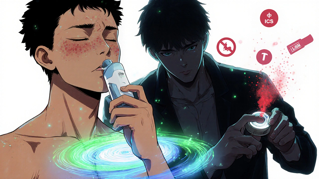 A patient using Breztri as energy flows smoothly into their chest, while Trelegy fails in shaky hands.