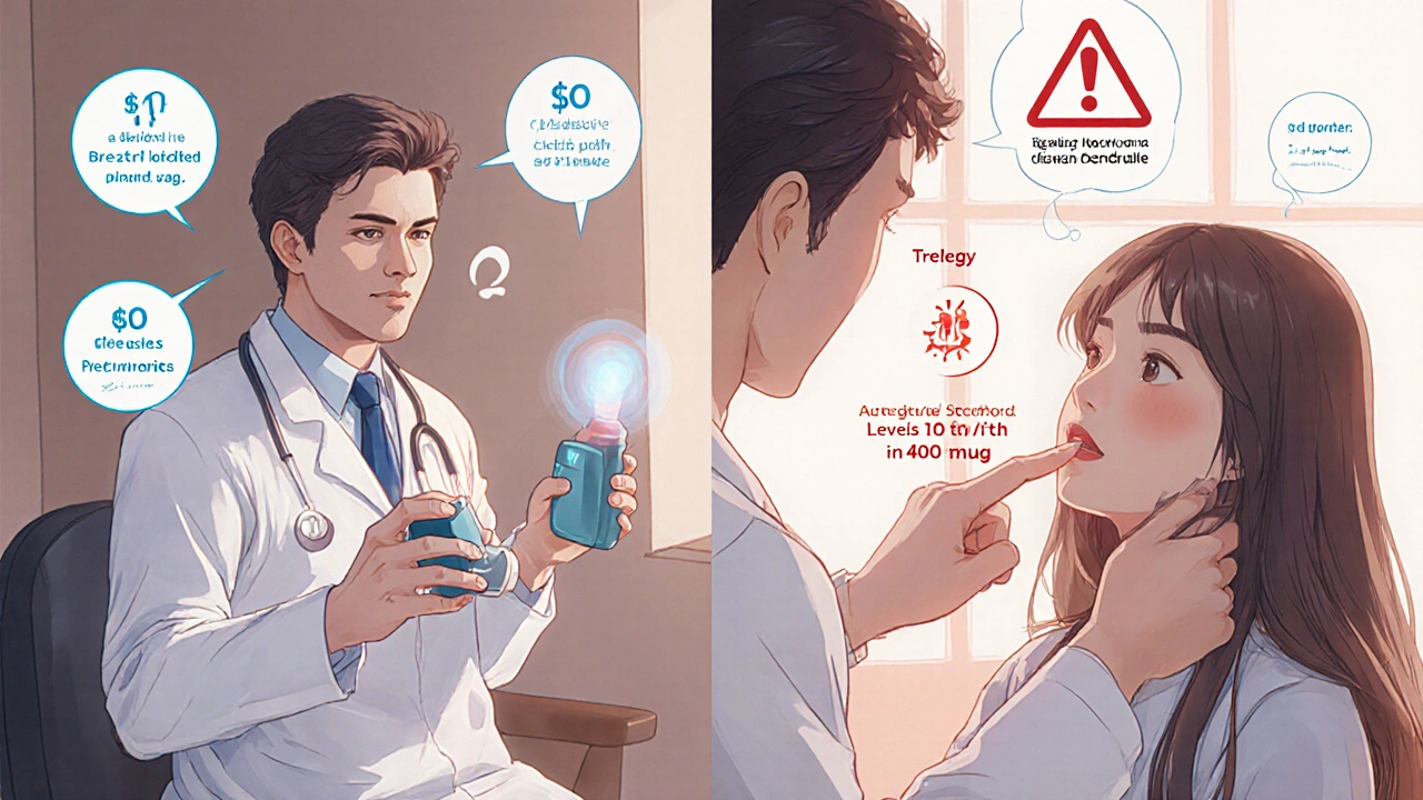 Split medical scene: Breztri with low cost icons, Trelegy with warning symbols, doctor offering both options.