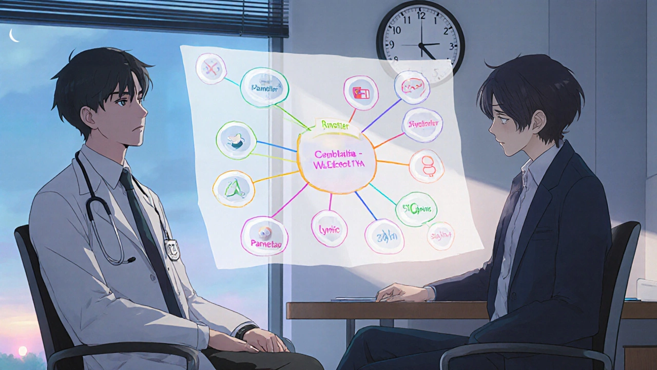 A doctor and patient viewing a floating medication comparison chart in a quiet office.