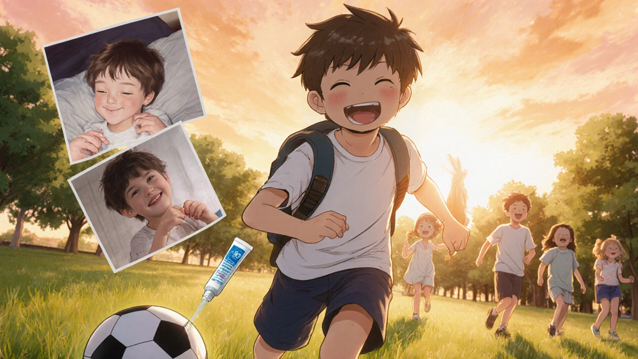 A healthy 7-year-old boy playing soccer, his skin clear, with faint memories of past eczema fading in the background.