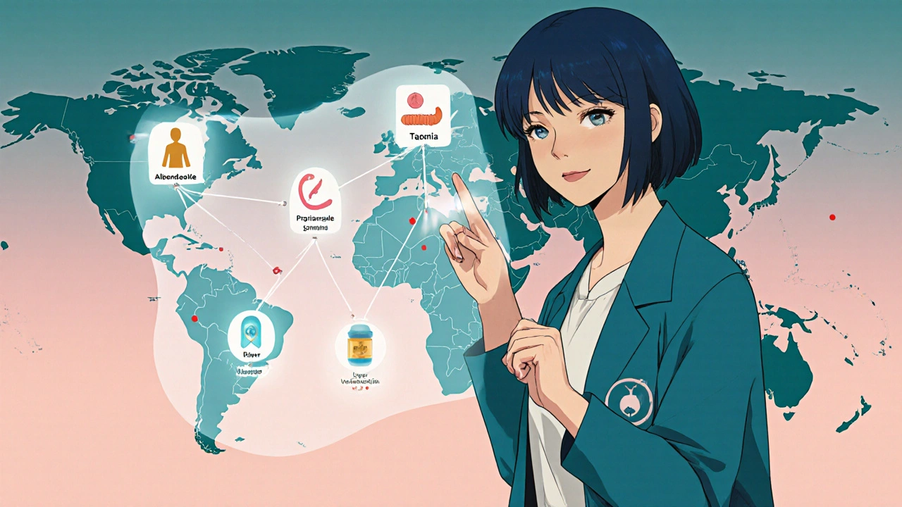 Anime doctor pointing at a decision tree for choosing anthelmintic drugs.