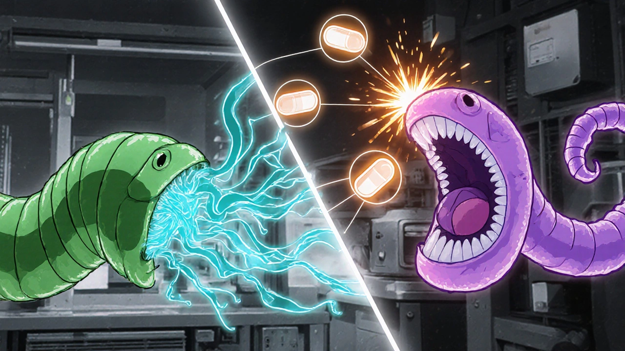 Anime illustration of worms being attacked by different drug mechanisms in a lab.