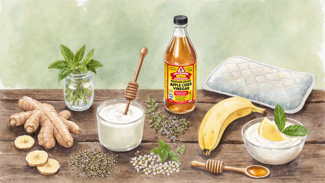 Assortment of natural remedies for stomach pain arranged on a wooden table.