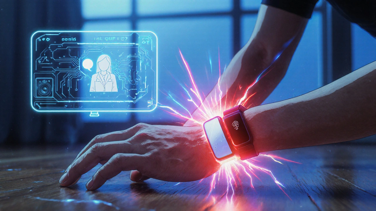 Bracelet activates during a fall, emitting red and blue energy lines toward a monitoring center.