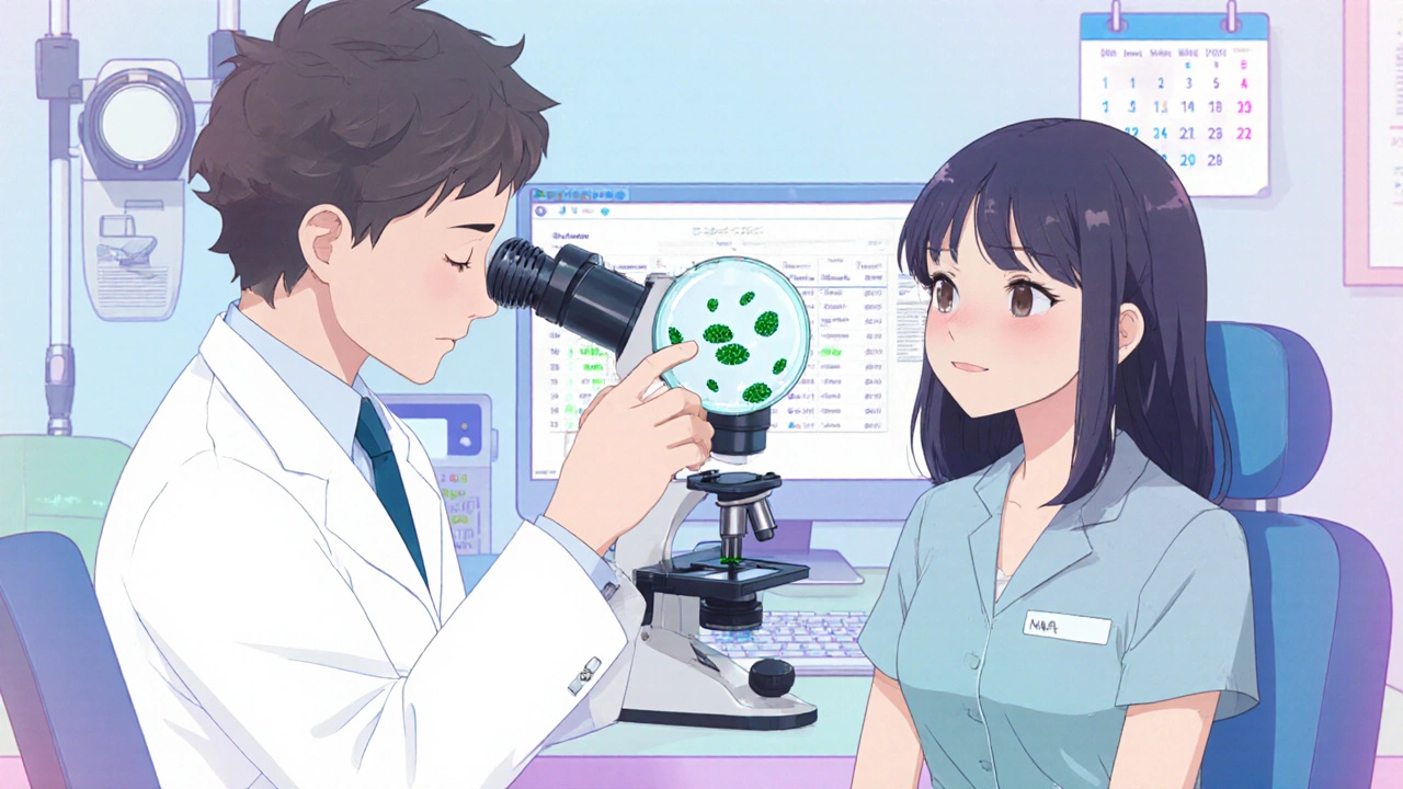 Clinic scene with doctor showing microscope slide of moving trichomonads to a relieved woman.