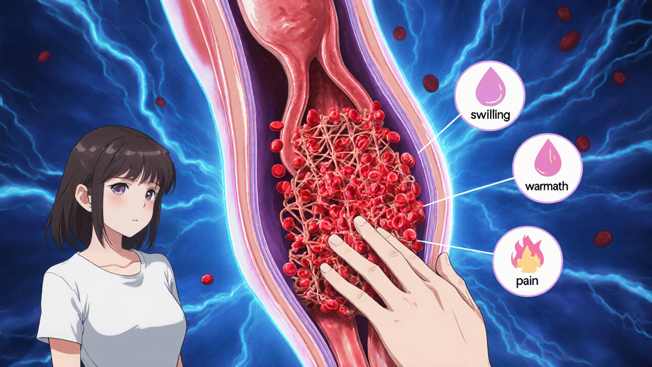 Close‑up of a leg vein forming a clot, woman touching her thigh looking concerned.
