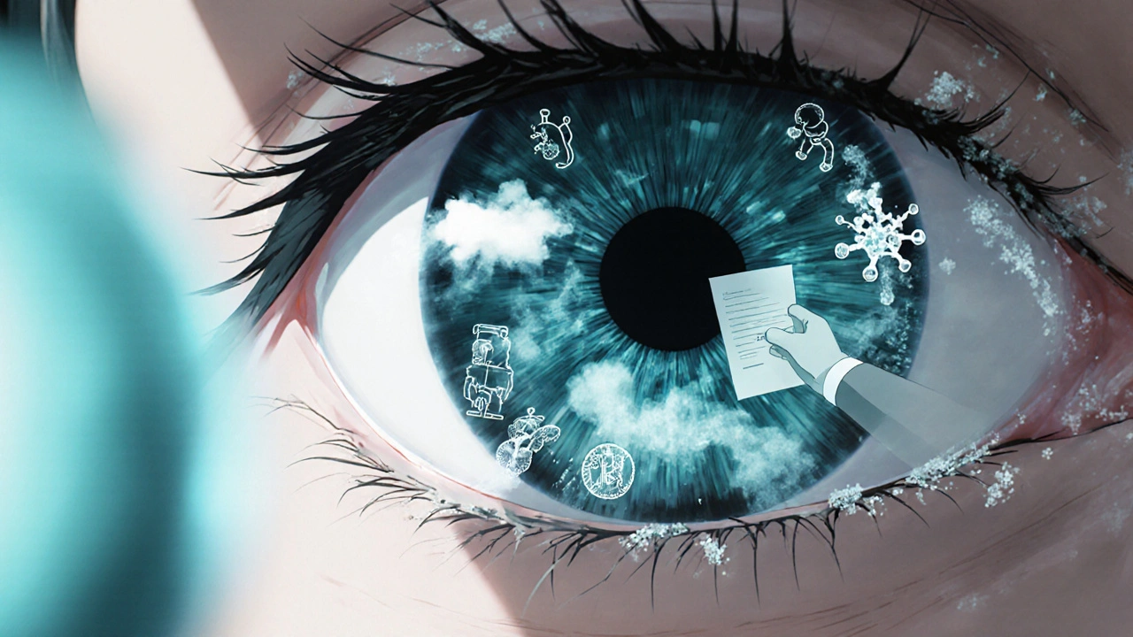 Close-up of an eye with corneal calcium deposits under medical examination.