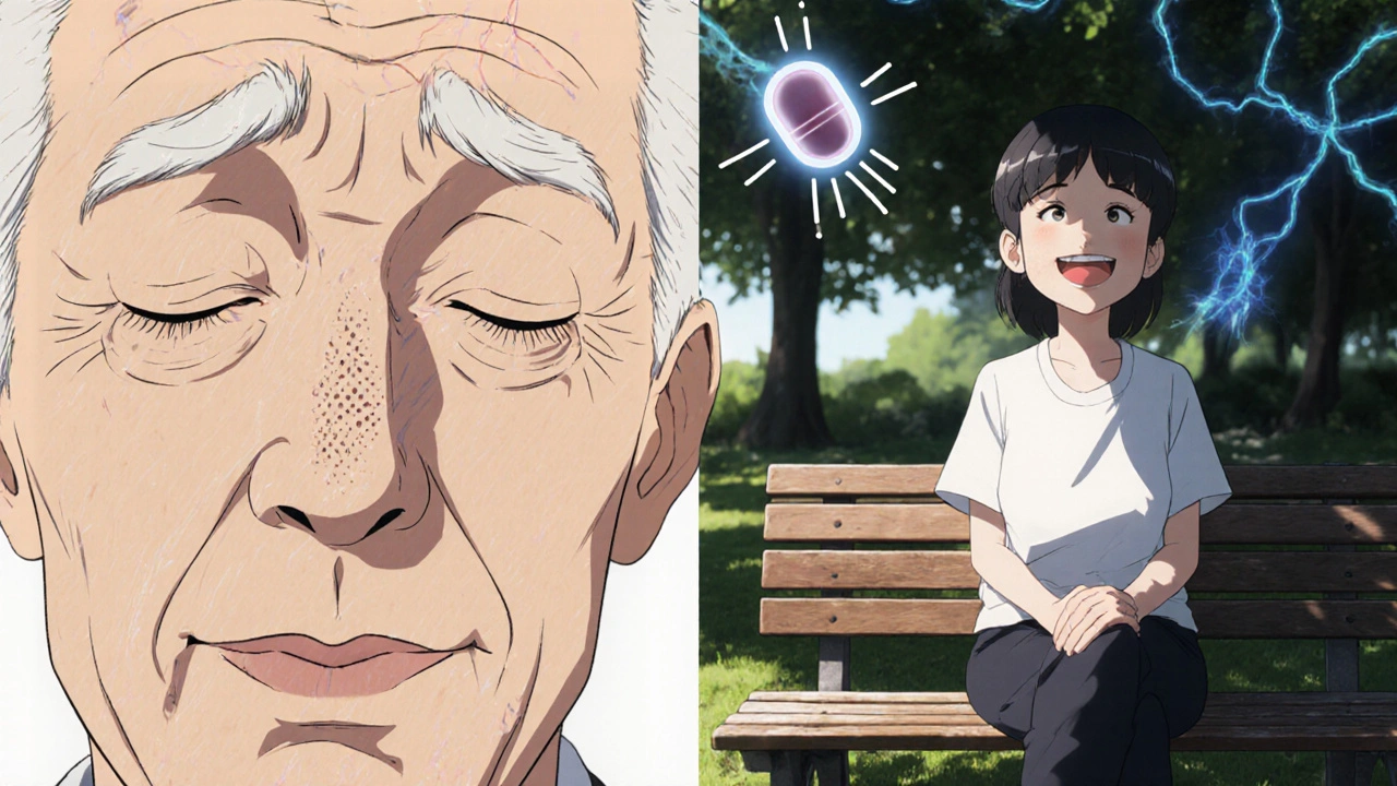 Contrasting images of side effects from nortriptyline versus relief with duloxetine.