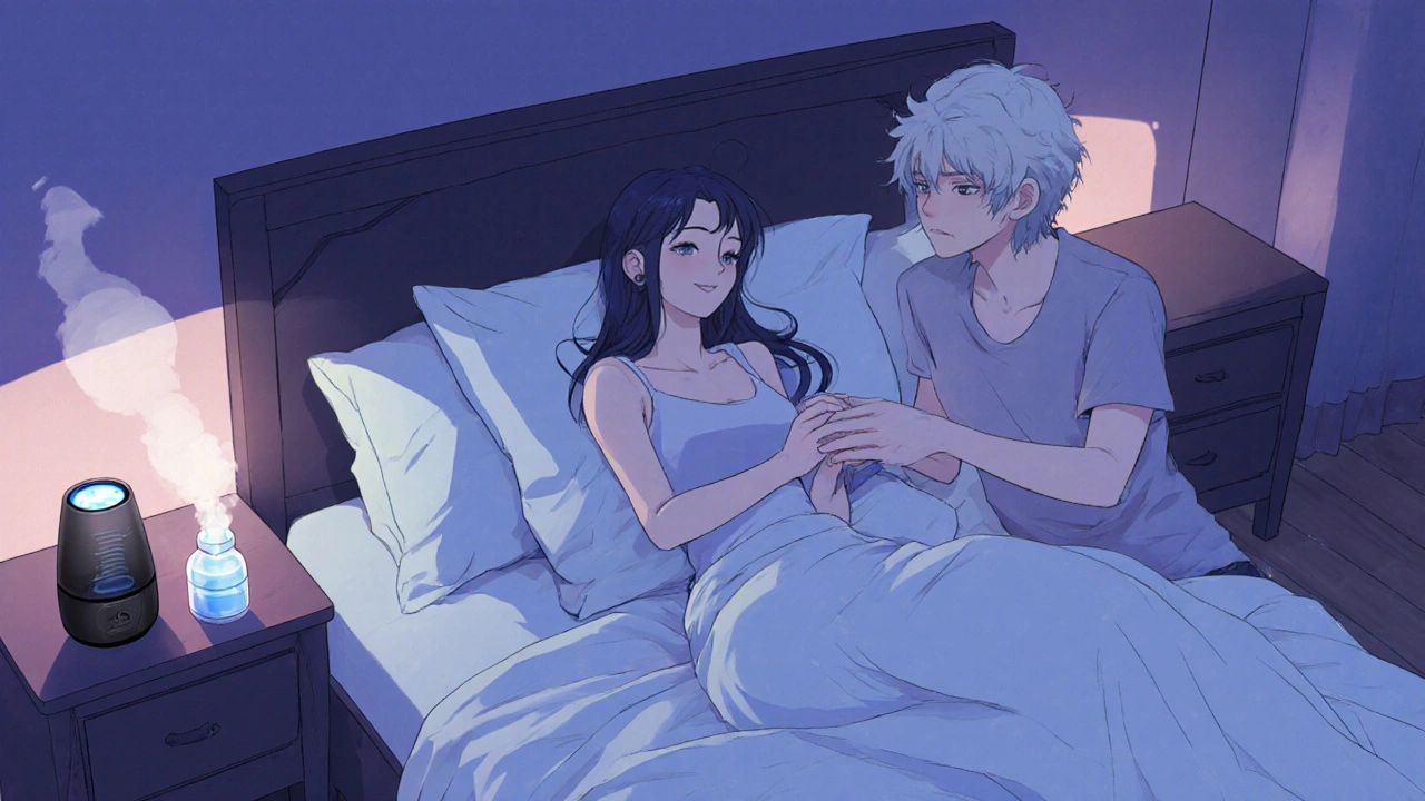 Couple with pillows and lubricant in a low‑light bedroom, using humidifier for comfort.