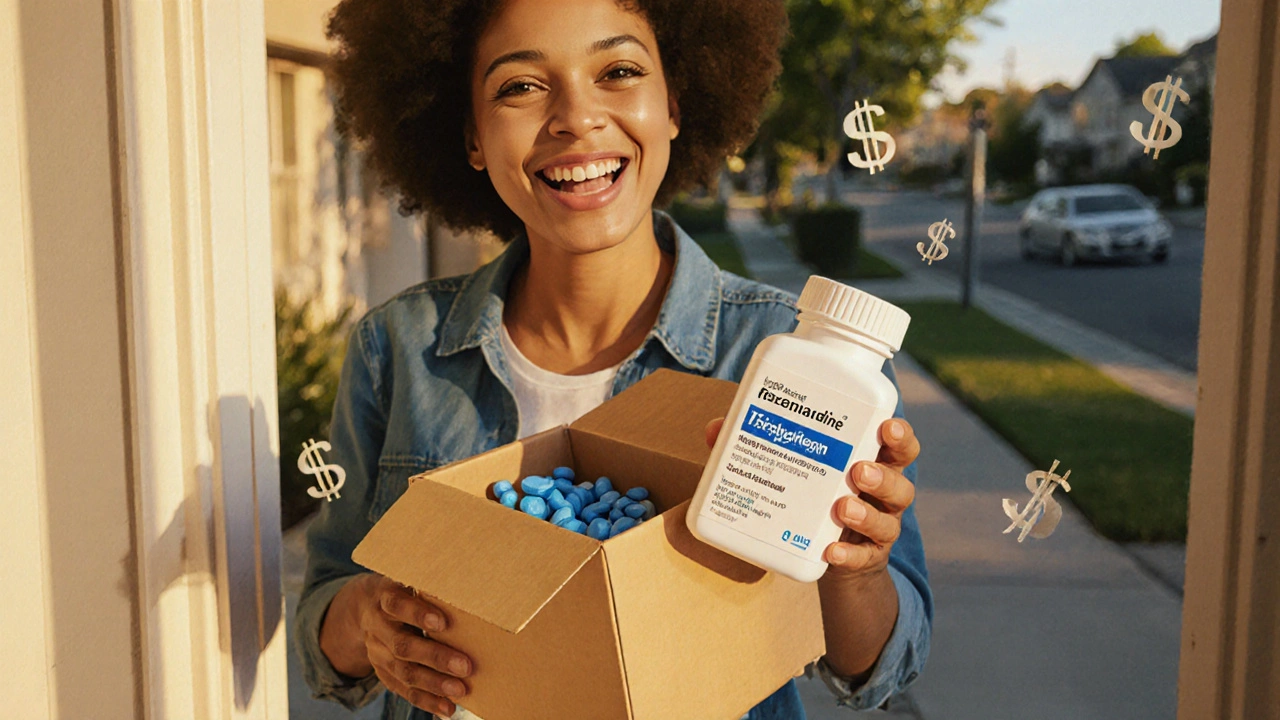 Customer opening a package and holding a bottle of generic fexofenadine tablets.