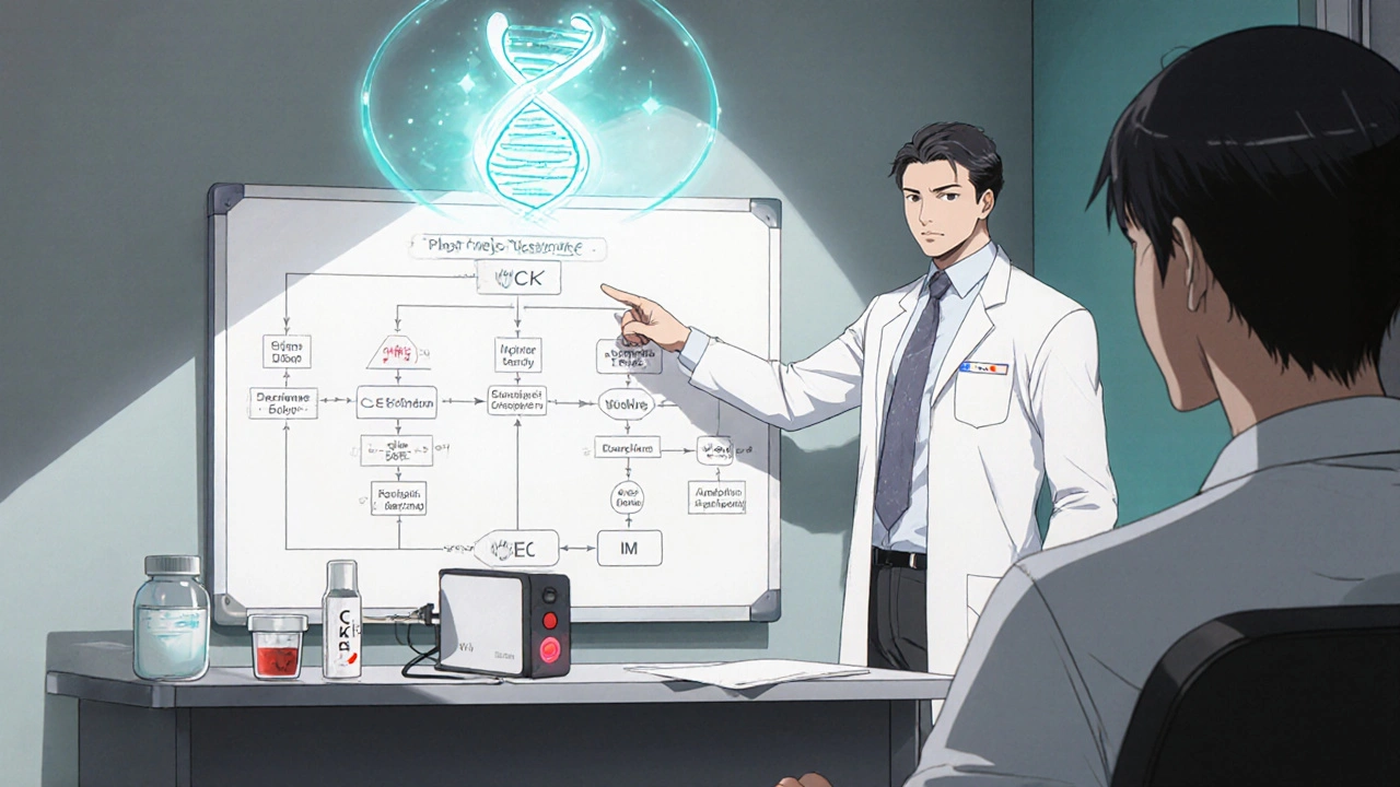 Doctor consulting patient with lab tests, EMG device, and DNA hologram.