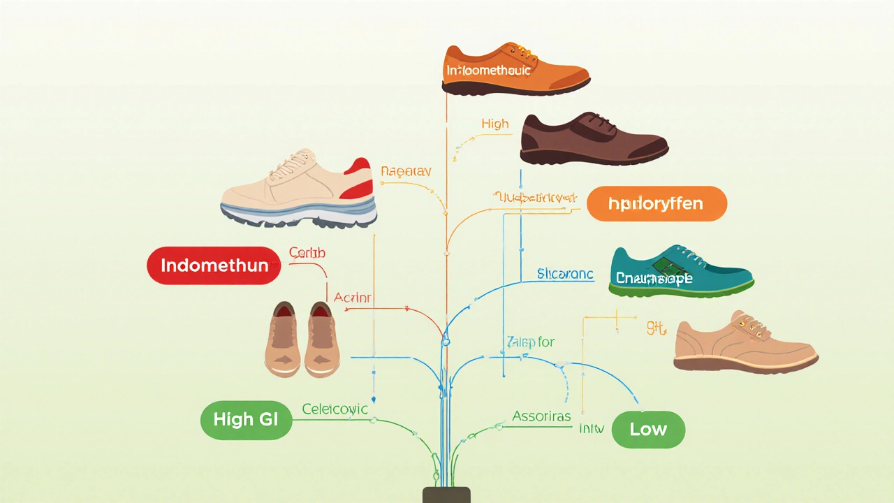 Flat‑design shoe decision tree labeling various NSAIDs by safety profiles.