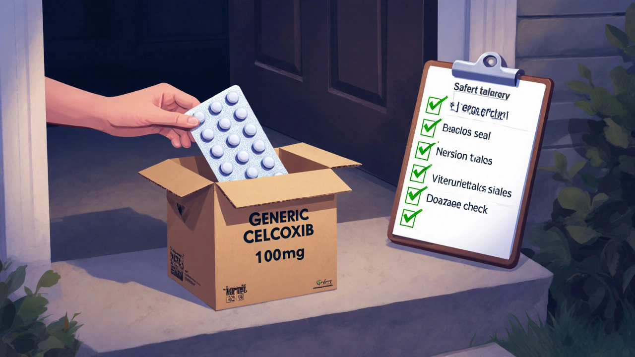 Hand opening a delivery box of generic celecoxib, with a safety checklist nearby.