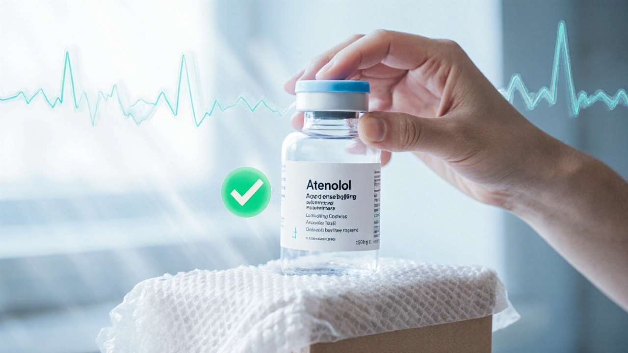 Hand opening a package to reveal a verified atenolol bottle.