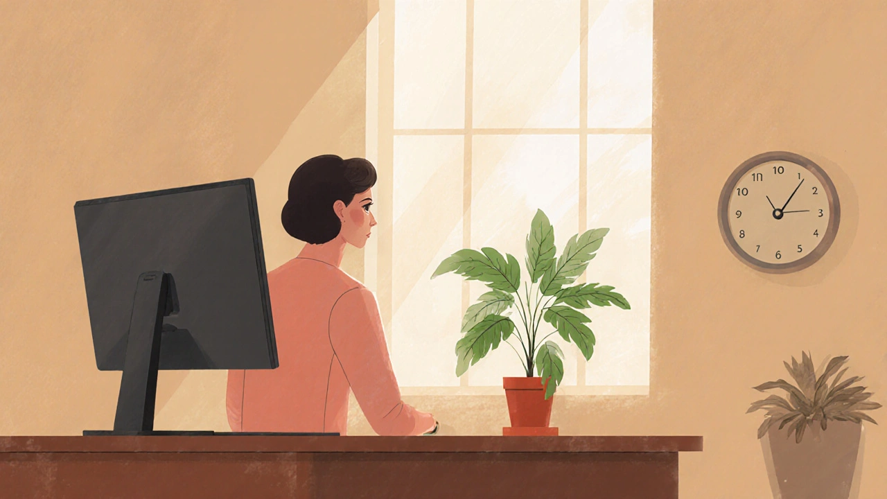 Home office scene with a person looking at a distant plant for a eye break.