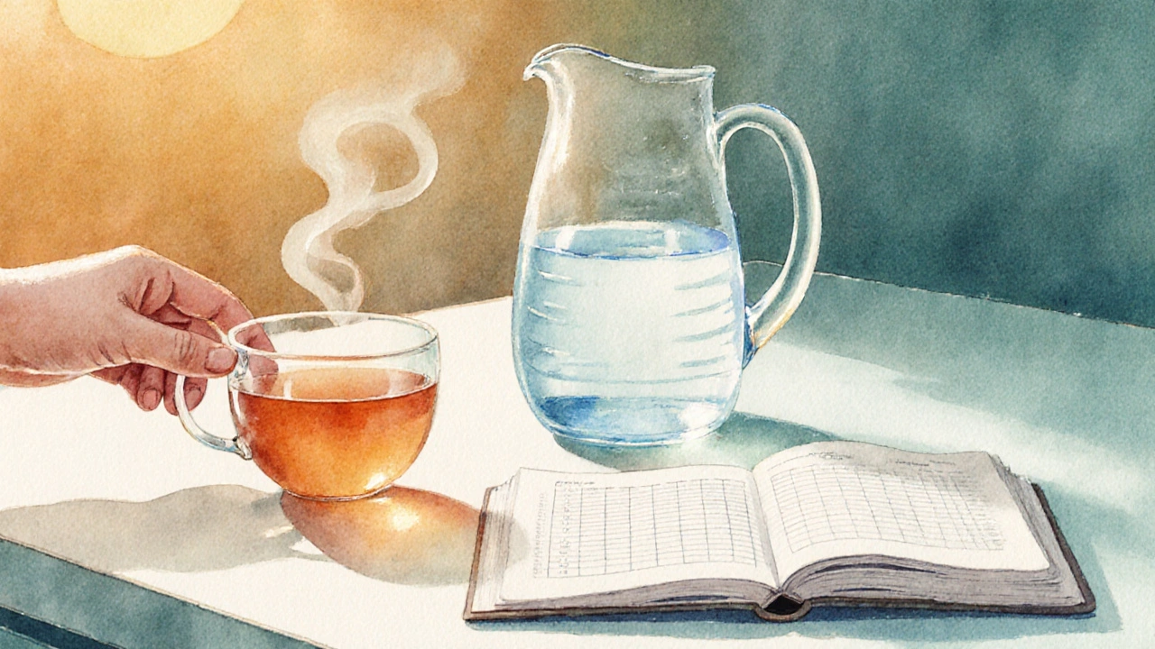 Kitchen counter with water pitcher, herbal tea, and a notebook for tracking fluids.