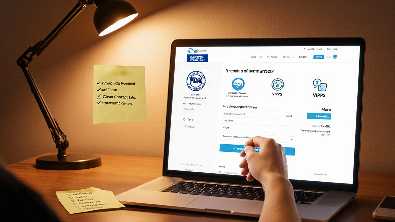 Laptop screen showing a secure online pharmacy checkout with checklist nearby.