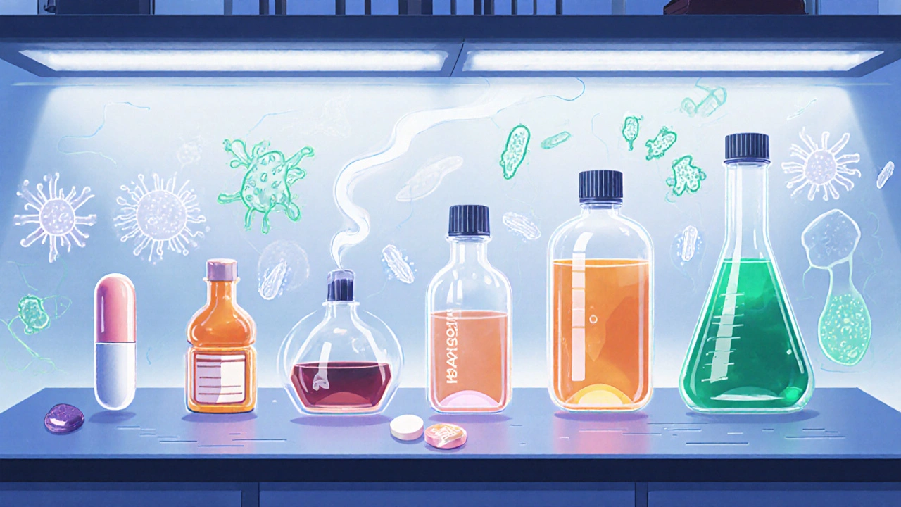 Lineup of five antibiotic forms with bacterial shape icons indicating coverage.