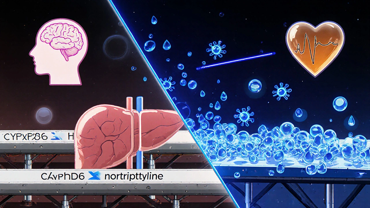 Liver factory with pill molecules and ethanol droplets causing a chemical traffic jam.