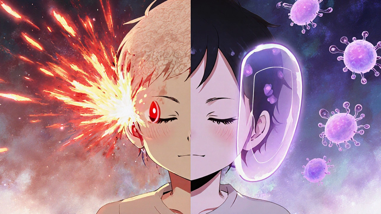 Microscopic view of immune cells being calmed by pimecrolimus molecules, with a peaceful child in the center.