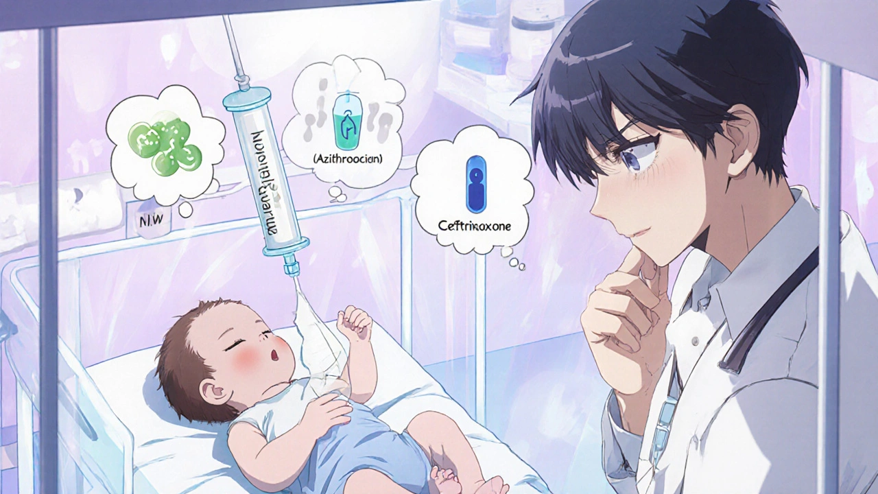 Neonatal incubator receiving IV ampicillin, doctor considering treatment options.
