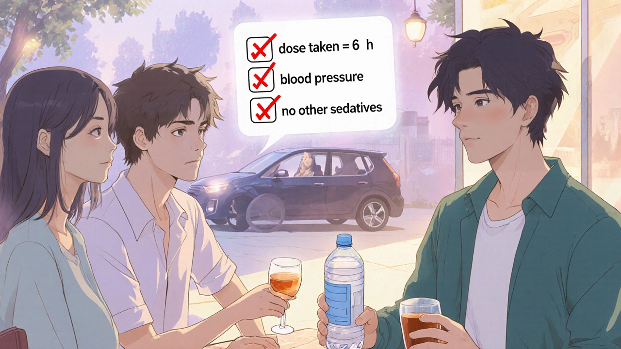 Outdoor scene with safe drink options, checklist, and a car waiting for a designated driver.