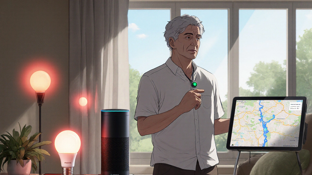 Patient uses an alert pendant while smart lights flash red, showing integrated home safety system.
