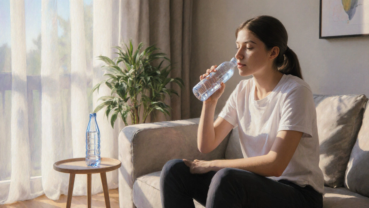 Person on sofa doing pelvic floor exercises while drinking water in a sunny room.