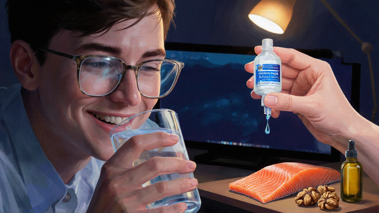 Person wearing anti‑reflective glasses using eye drops next to omega‑3 foods.