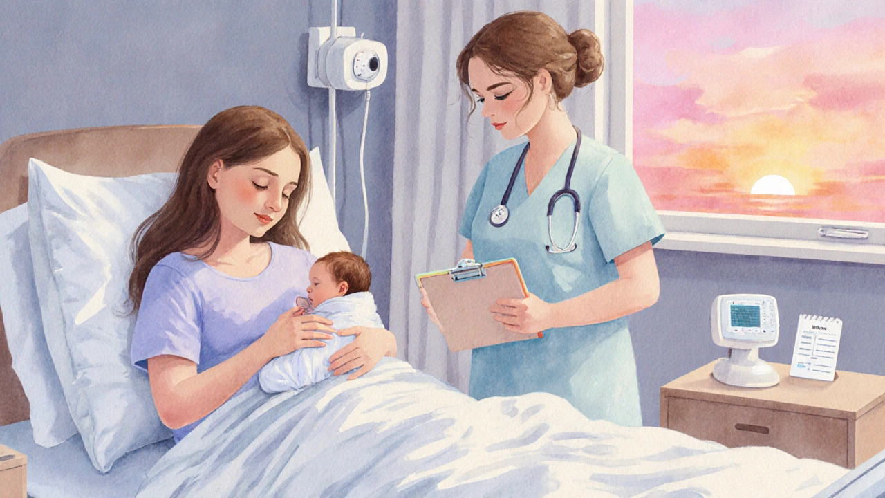 Postpartum mother breastfeeding newborn in a serene watercolor hospital room.