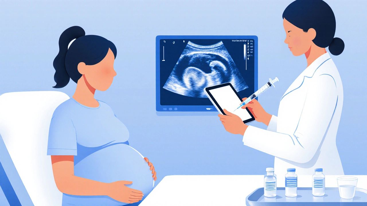 Pregnant patient receiving safe UC medication in a clinical setting with doctor and nurse present.