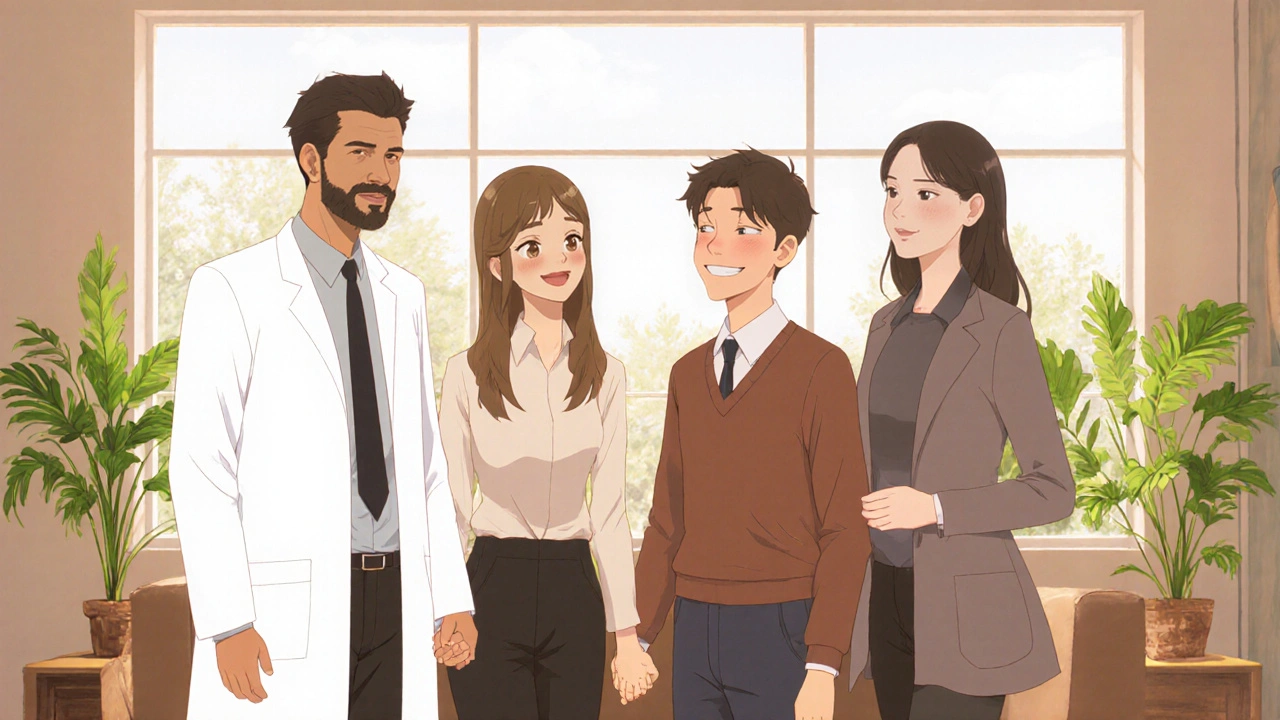 Rheumatologist, sex therapist, and couples counselor standing with a relieved couple in an office.
