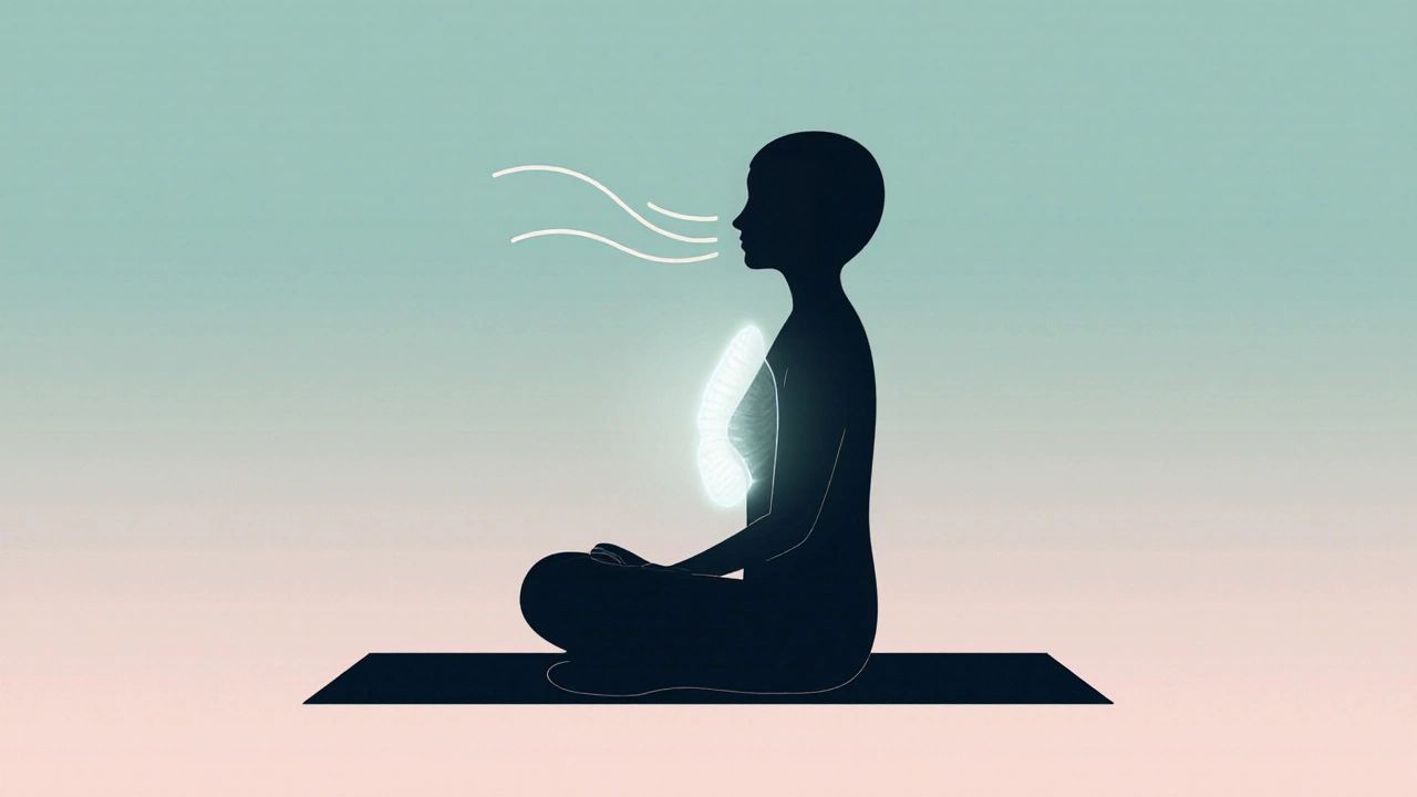 Silhouette doing deep breathing with a gentle glow around the abdomen.