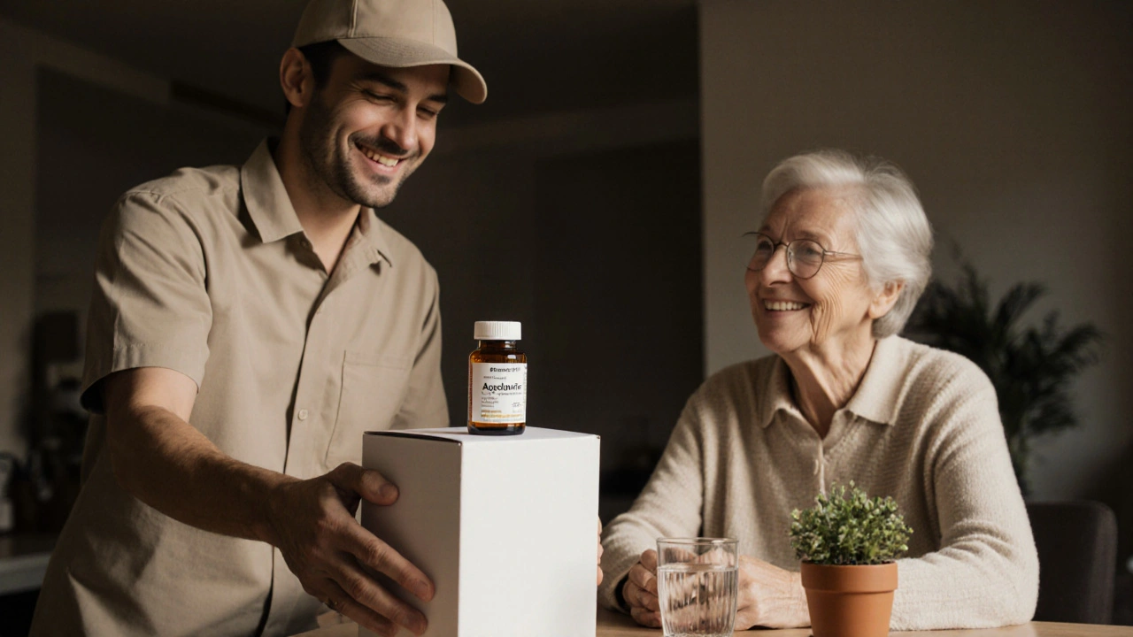 Someone opening a discreet package revealing a bottle of generic acyclovir tablets.