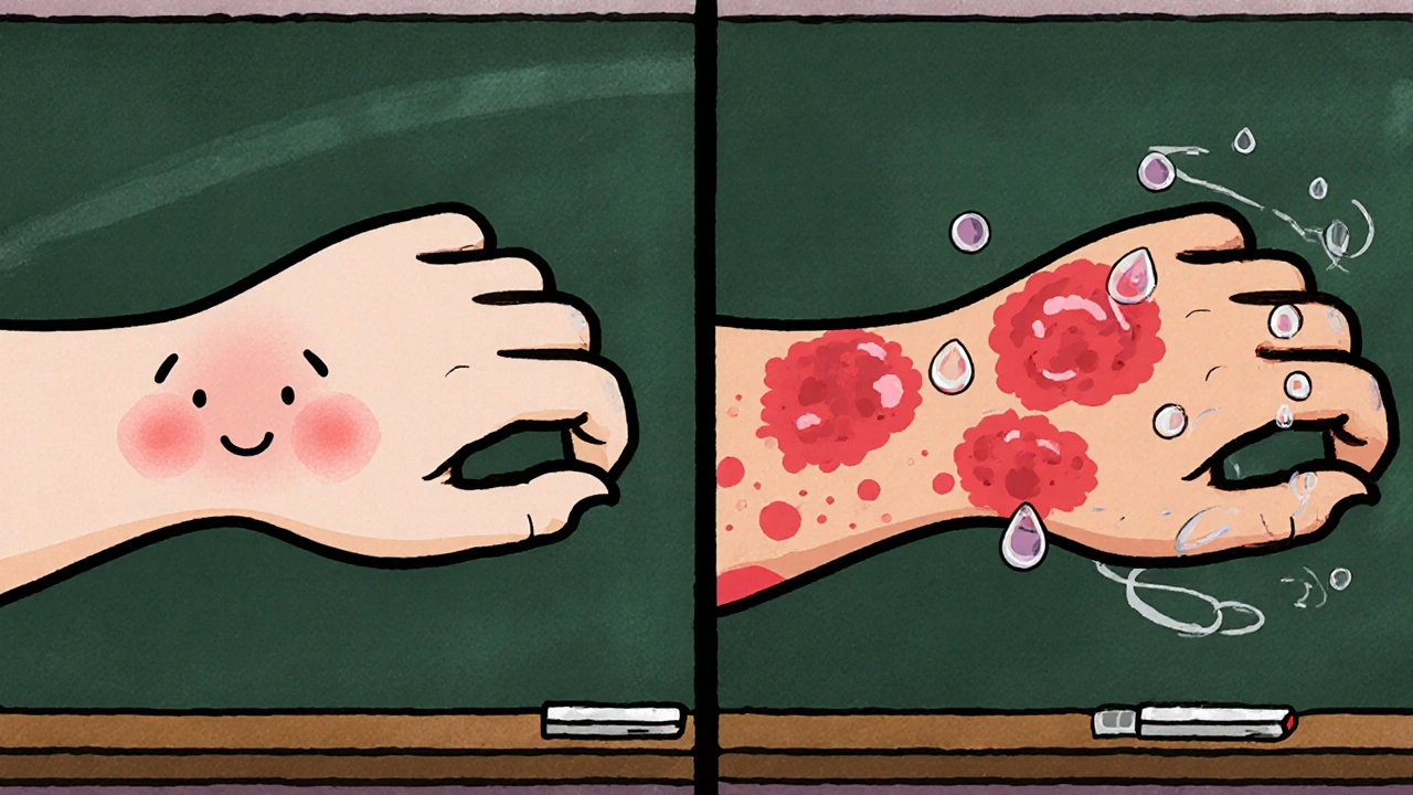 Split‑panel cartoon showing mild irritation on one arm and allergic rash with blisters on the other.