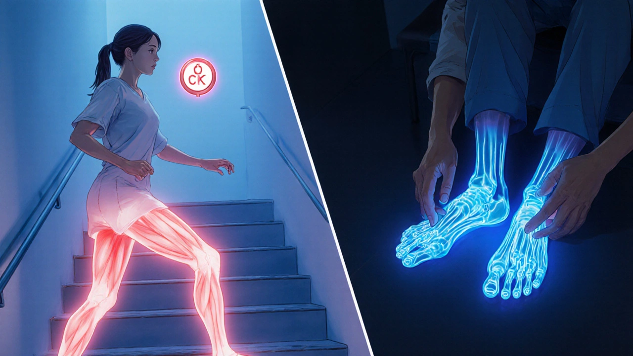 Split scene showing muscle weakness climbing stairs and tingling in hands and feet.