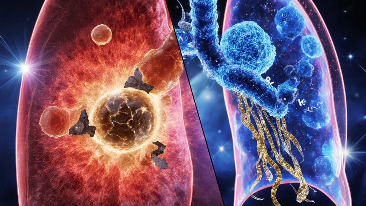 Split view of airway cells showing Budesonide binding receptors and Formoterol activating β₂‑AR.