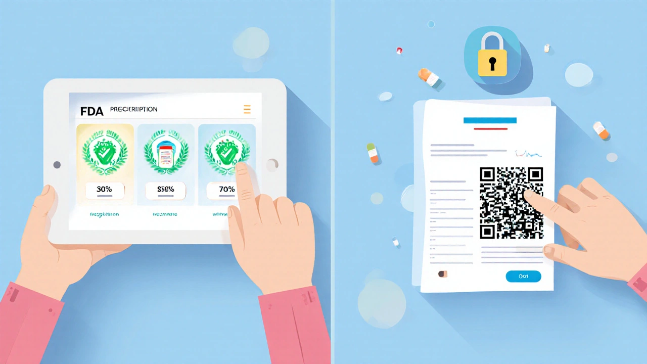 Tablet screen showing pharmacy apps with verification badges and shipping icons.