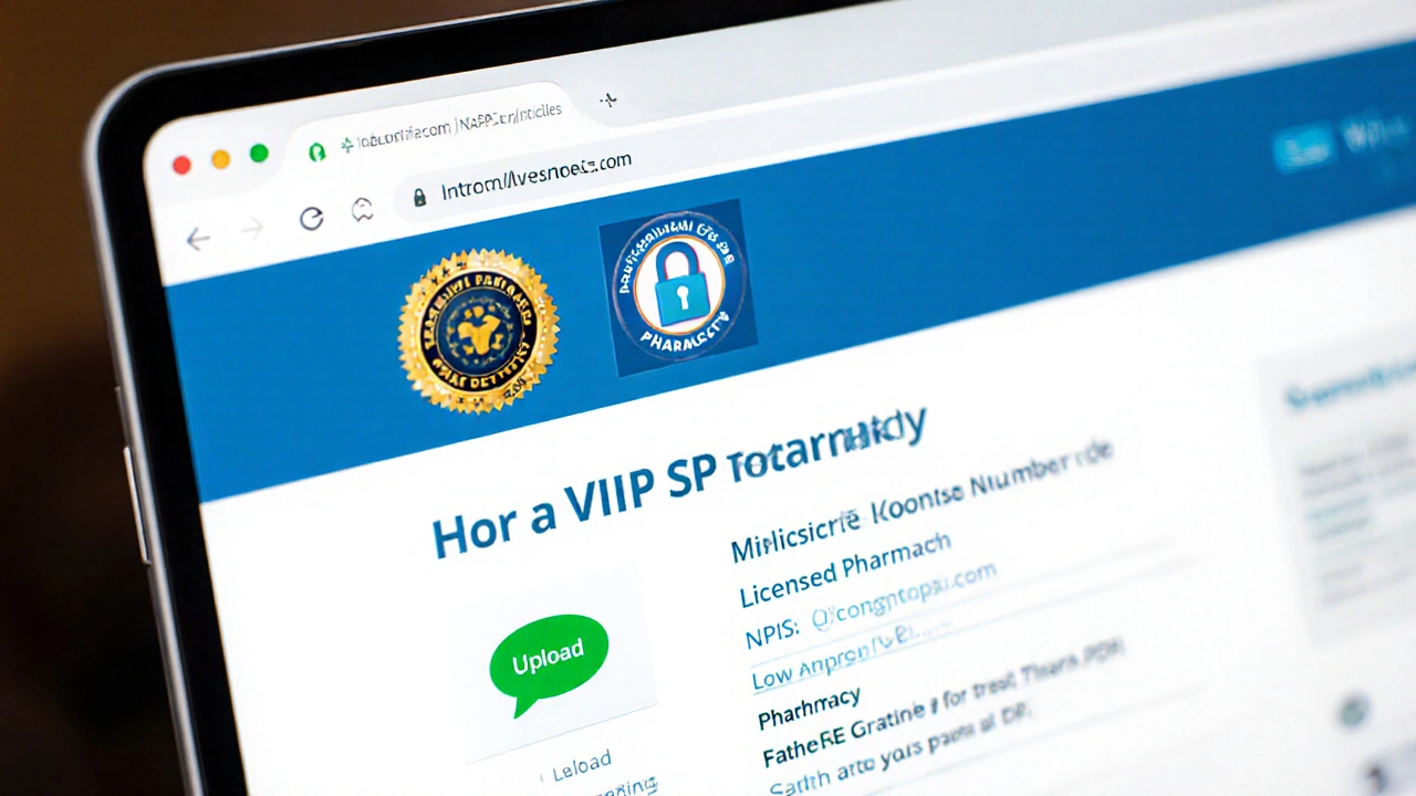 Tablet view of a pharmacy website showing VIPPS seal, NABP badge, and secure HTTPS icon.