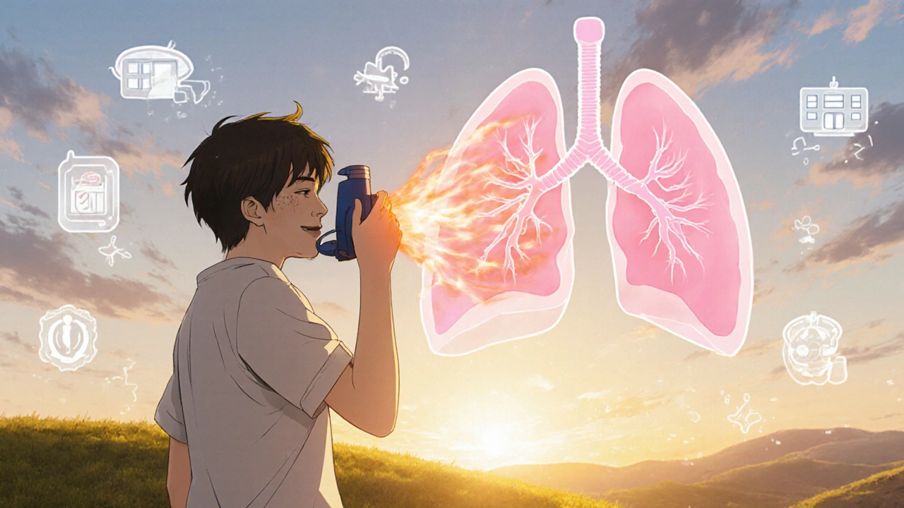 Teen using inhaler on a sunrise hill, exhaling a glowing lung silhouette.