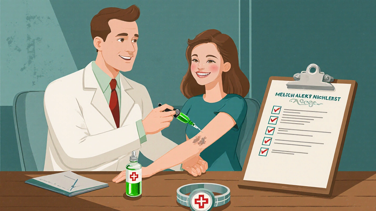 Vintage cartoon of a doctor conducting a skin‑prick test with a medical alert bracelet nearby.