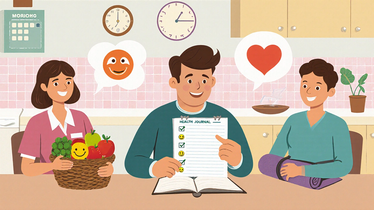 Vintage cartoon of a patient reviewing a health journal with dietitian, physiotherapist, and online friend.
