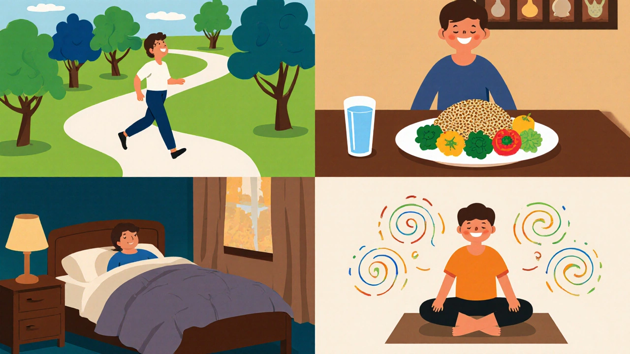 Vintage cartoon showing a person walking, eating vegetables, sleeping, and meditating in four panels.