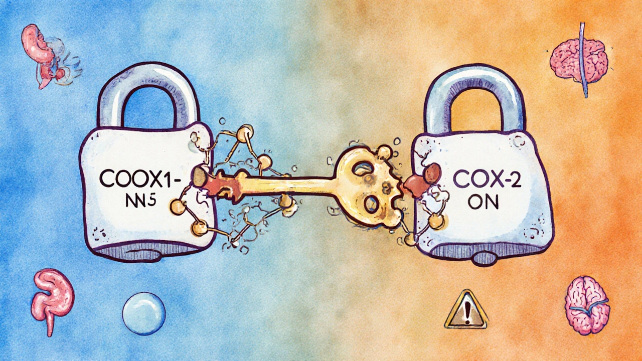 Watercolor diagram showing indomethacin blocking both COX-1 and COX-2 enzymes.
