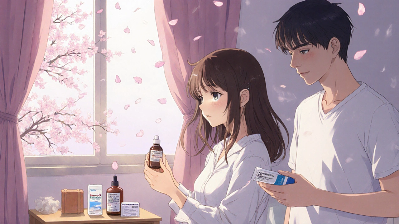 Woman applying moisturizer, holding medication, with supportive partner; cherry blossoms symbolize recovery.