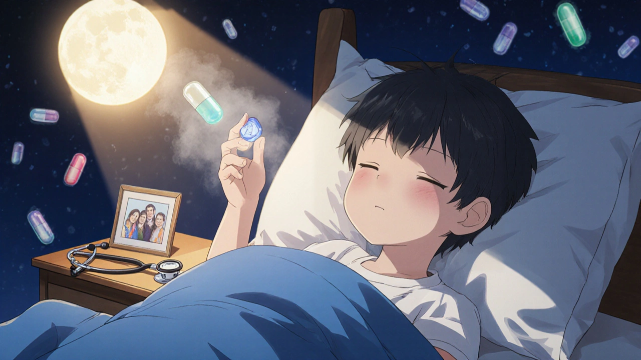 A child taking azithromycin as erythromycin fades away in mist, bathed in moonlight.