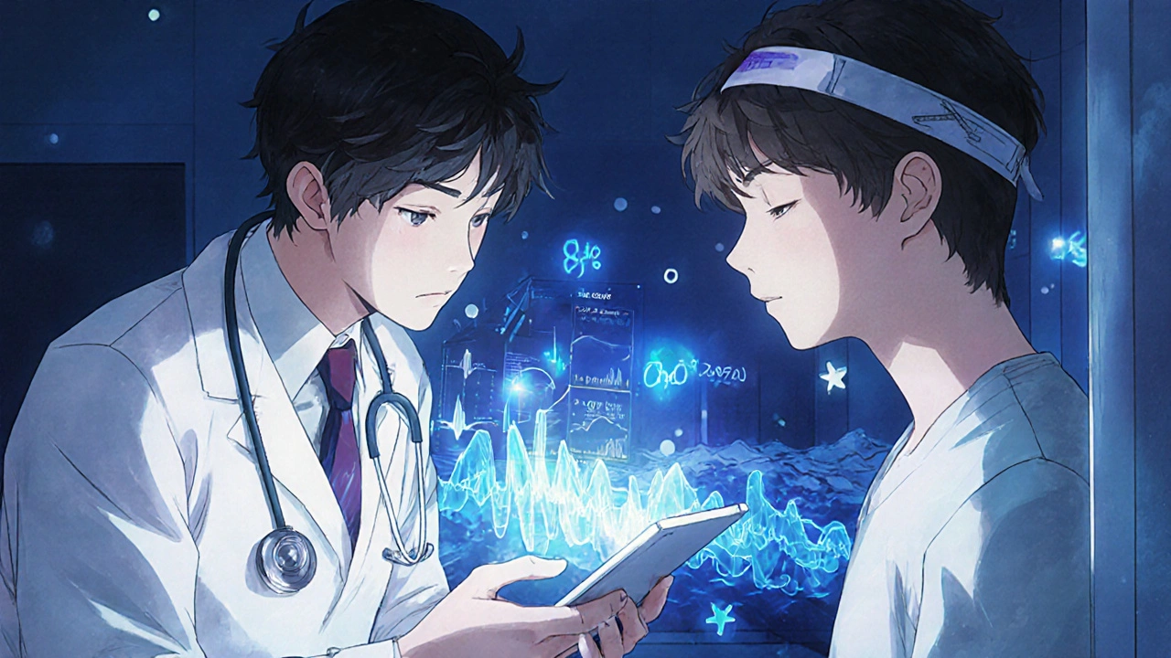 A clinician and teen patient view a dynamic digital health dashboard with calming abstract visuals representing anxiety reduction.