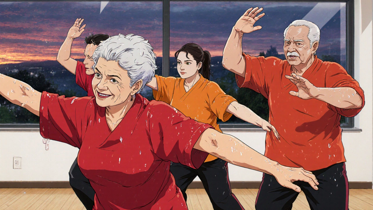 A group practicing tai chi together, moving with focus and determination in a bright studio.