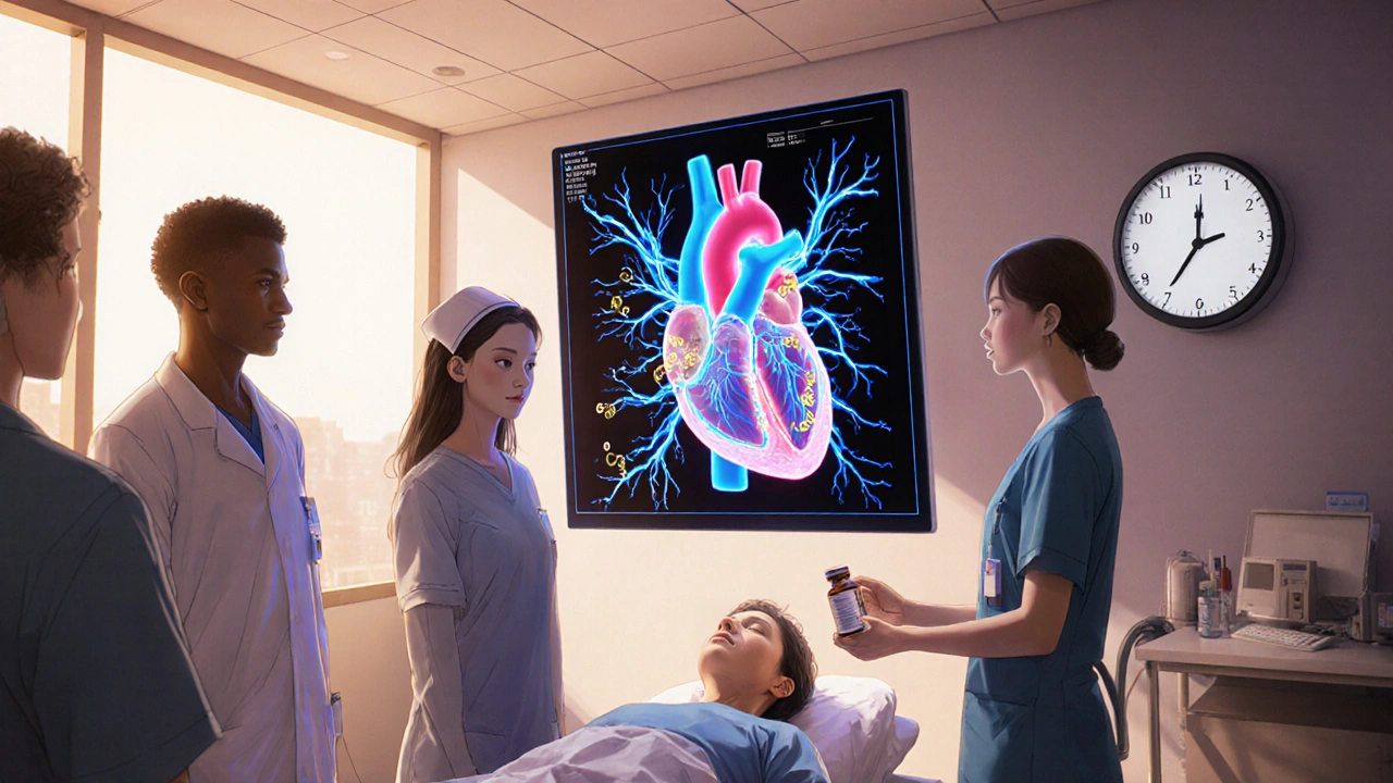 A medical team observes a holographic heart repair with glowing therapeutic molecules in a modern PH clinic.