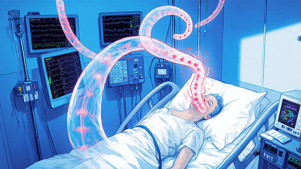 A patient in ICU with severe muscle spasms, connected to medical machines in a hospital room.